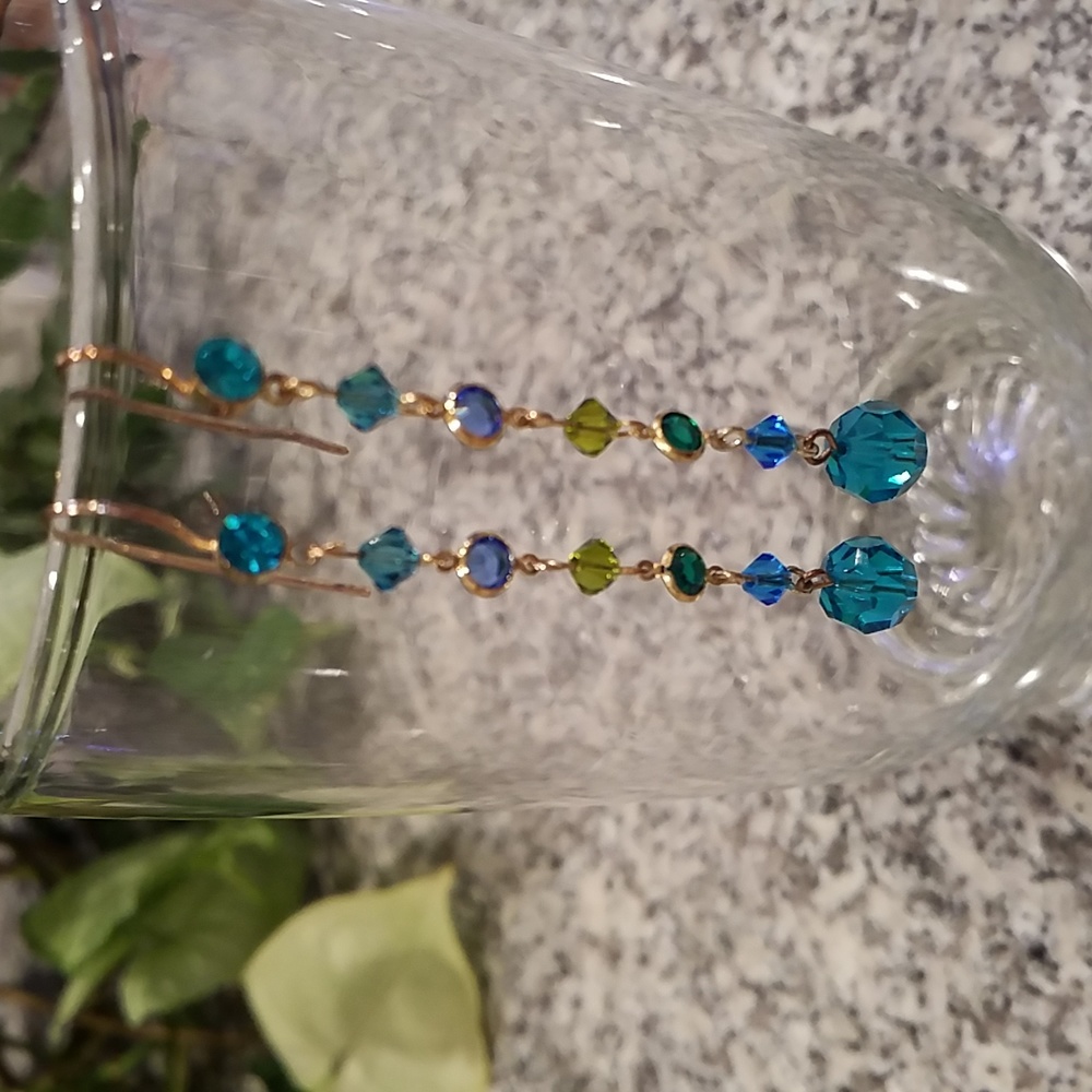 Pair of Multicolor Blues Crystal & Glass Drop Dangle Earrings in Goldtone